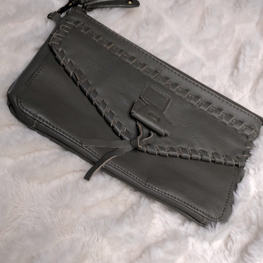 Lucky Brand Elephant Gray Leather Wristlet Wallet Cowgirl Western Whipstitch